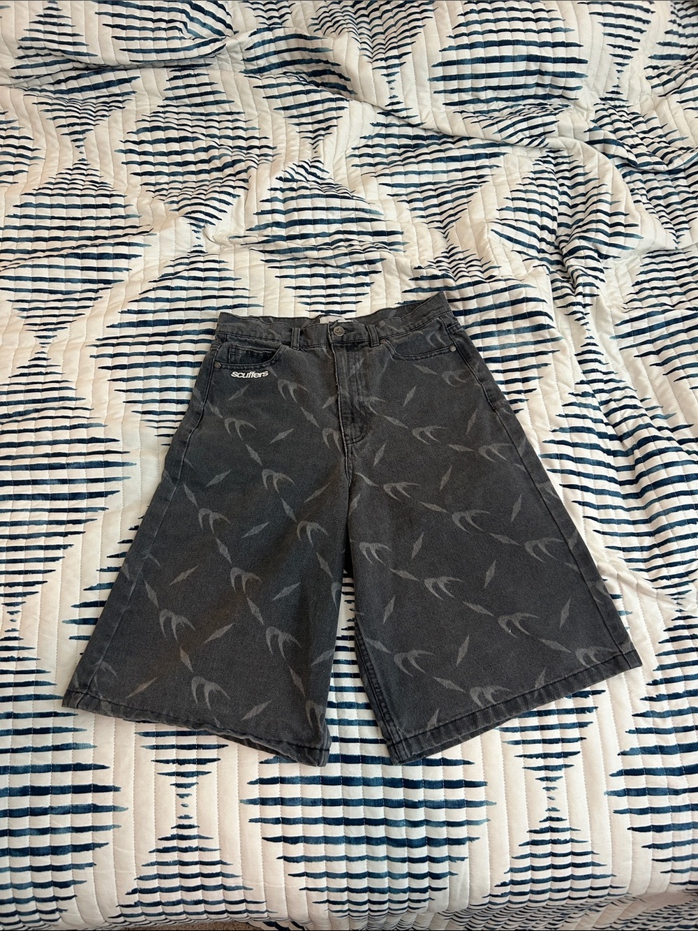 Men's Black Patterned Jean Shorts by Sculptor